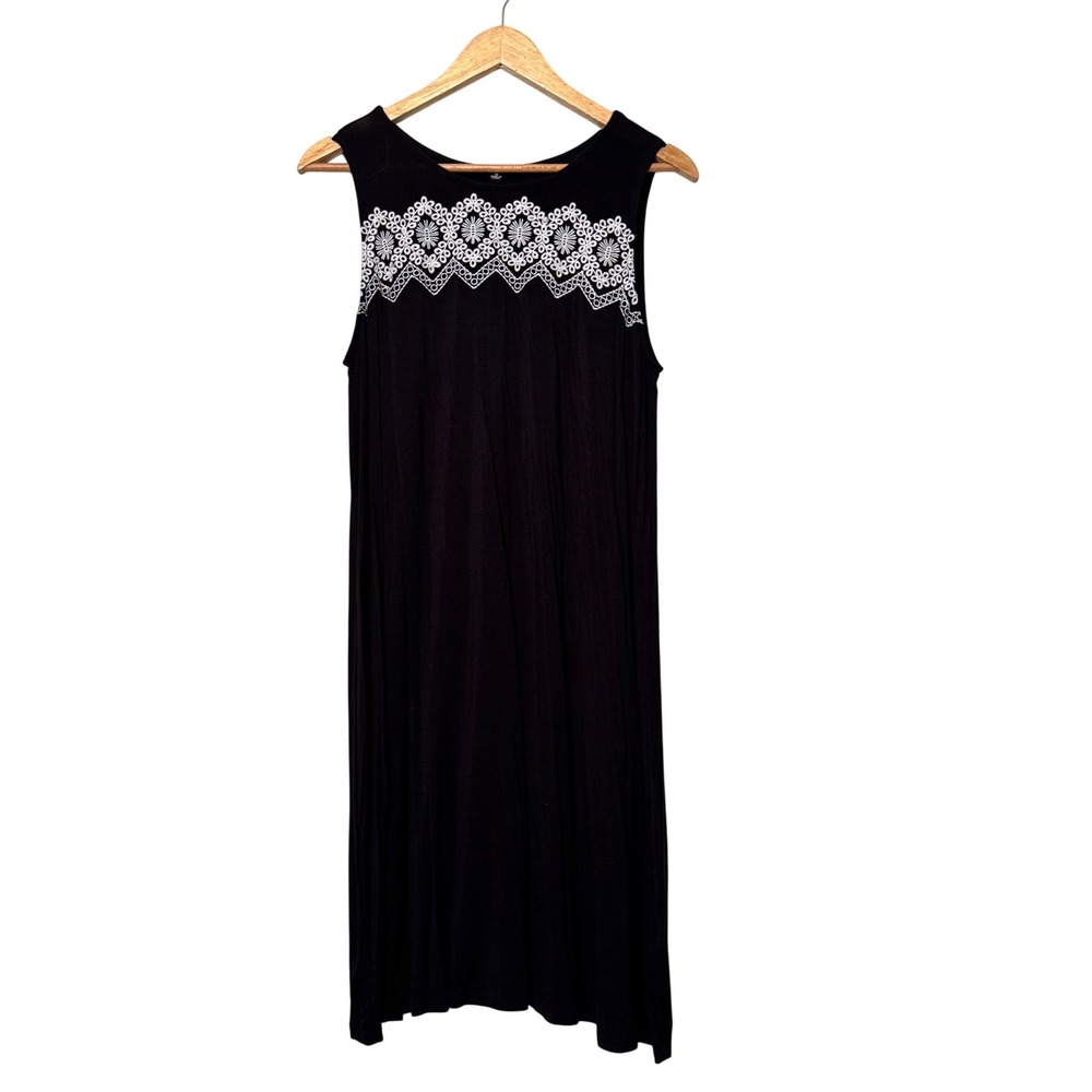 Anne French Black Sleeveless Embroidered Bib Shift Dress Medium RN136641‎